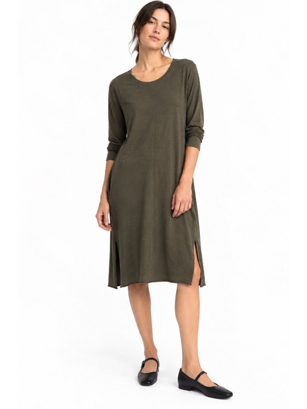 EILEEN FISHER t shirt dress olive green LARGE 100% organic cotton minimalist